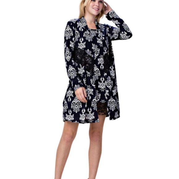 VOCAL Navy & White Damask Print Cardigan Sweater S-XL‎ NWT - Picture 2 of 12